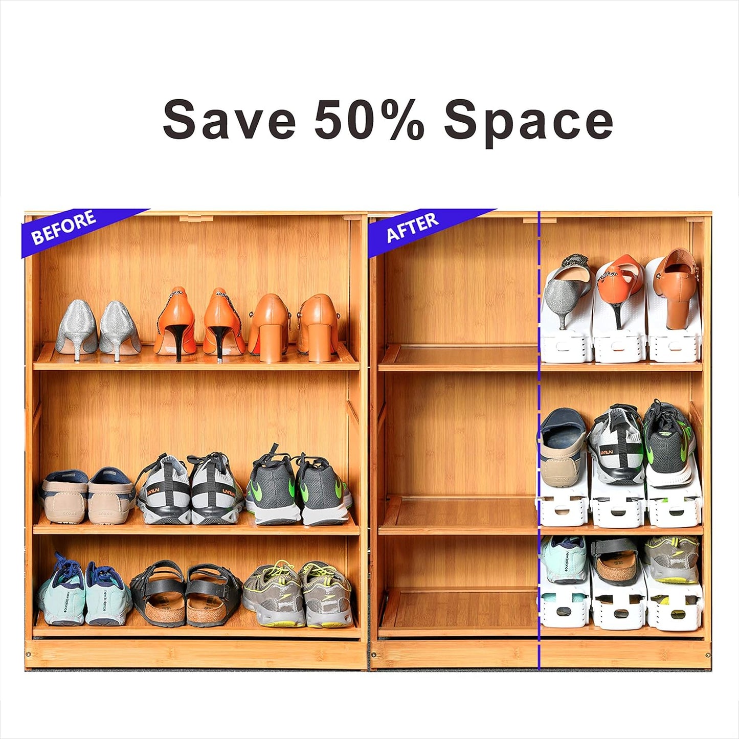 Shoe Slots Organizer, 12PCS Adjustable Double Layer Stack Shoe Rack, 50% Space-Saving Storage Rack Holder, White