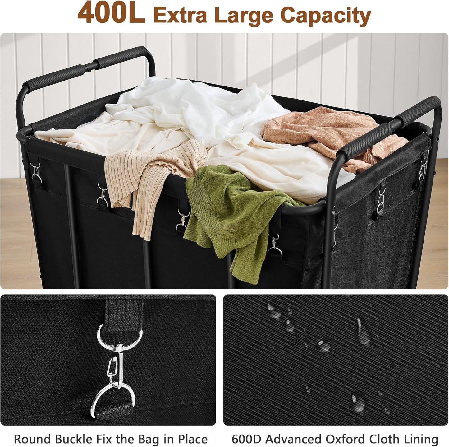 Hoctieon Large Laundry Cart with Wheels, 400L Heavy Duty Laundry Basket Organizer, Rolling Hamper Sorter for Clothes Storage, Industrial Dirty Clothes Hamper for Home & Hotel, Black