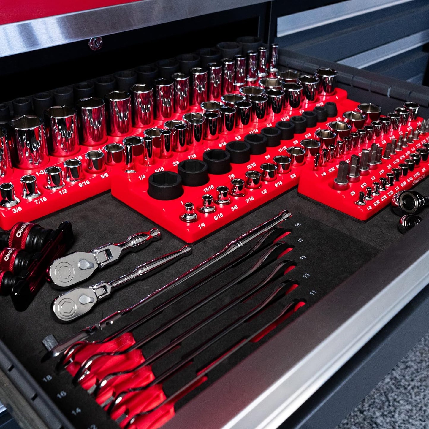 Olsa Tools Magnetic Socket Organizer (3/8-Inch Drive, 3 Row) - Magnetic Tool Organizer & Holder - SAE Red - Holds 39 Sockets - Professional Grade - Part: 1547