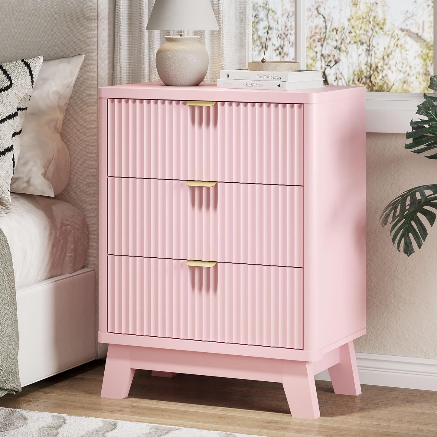 Fluted Nightstand with 3 Storage Drawers, 24" Wide Wood Bedside Table with Mental Handle, Mid Century Modern Wooden Side Table Night Stand, Curved End Table for Bedroom, Living Room, Pink