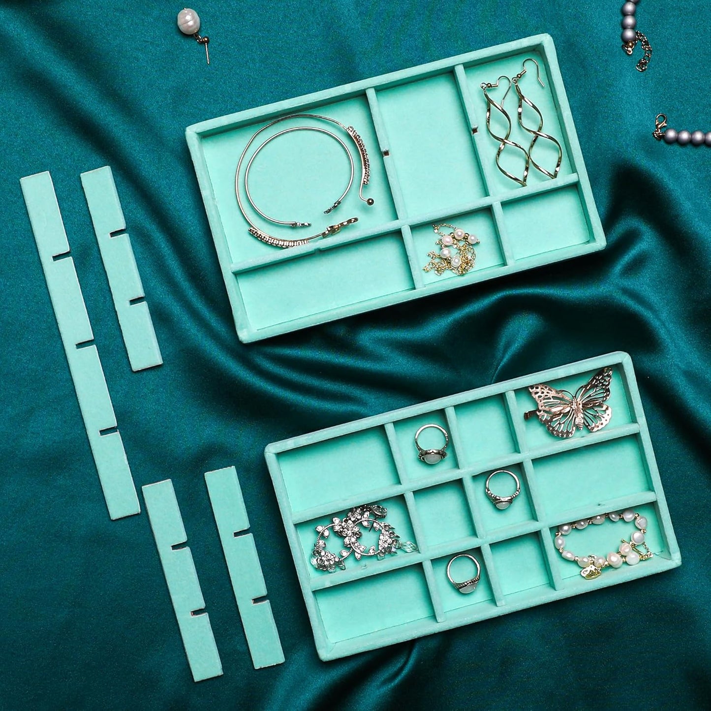 Frebeauty Jewelry Organizer Tray,Stackable Velvet Jewelry Trays,Drawer Inserts Earring Organizer For Women Jewelry Storage Display Case for Rings Stud Necklaces,Set of 4(Turquoise)