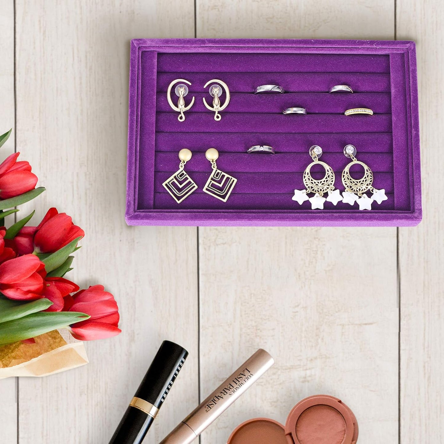 Valyria Velvet 7 Slots Ring Earrings Trays Showcase Display Jewelry Organizer (Purple)