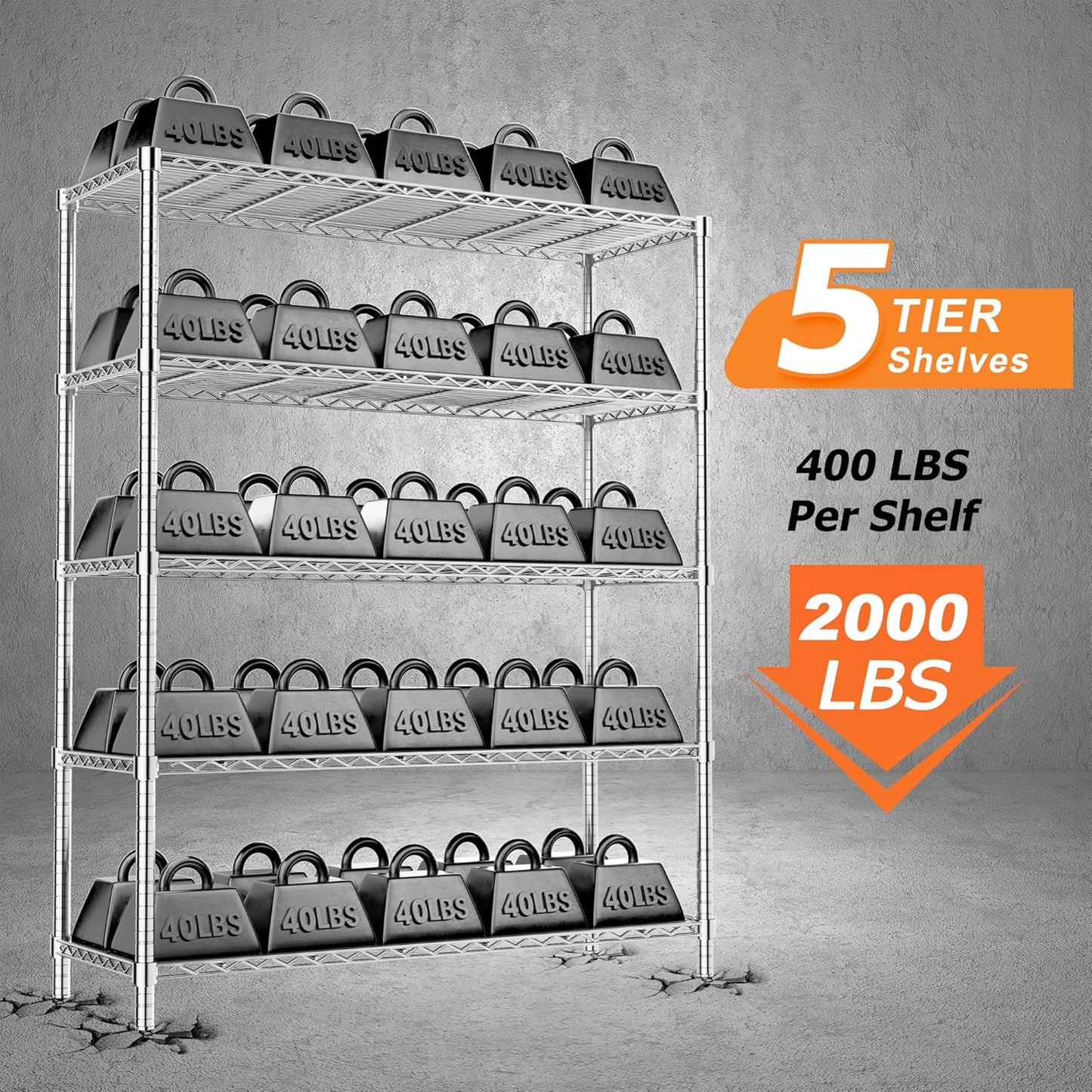 Storage Shelves Heavy Duty, 48" L x 20" W x 72" H Garage Wire Shelving Unit Loads 2000LBS, 5-Tier Adjustable Metal Industrial Utility Shelf Rack for Kitchen, Laundry Room, Pantry, Warehouse, Basement