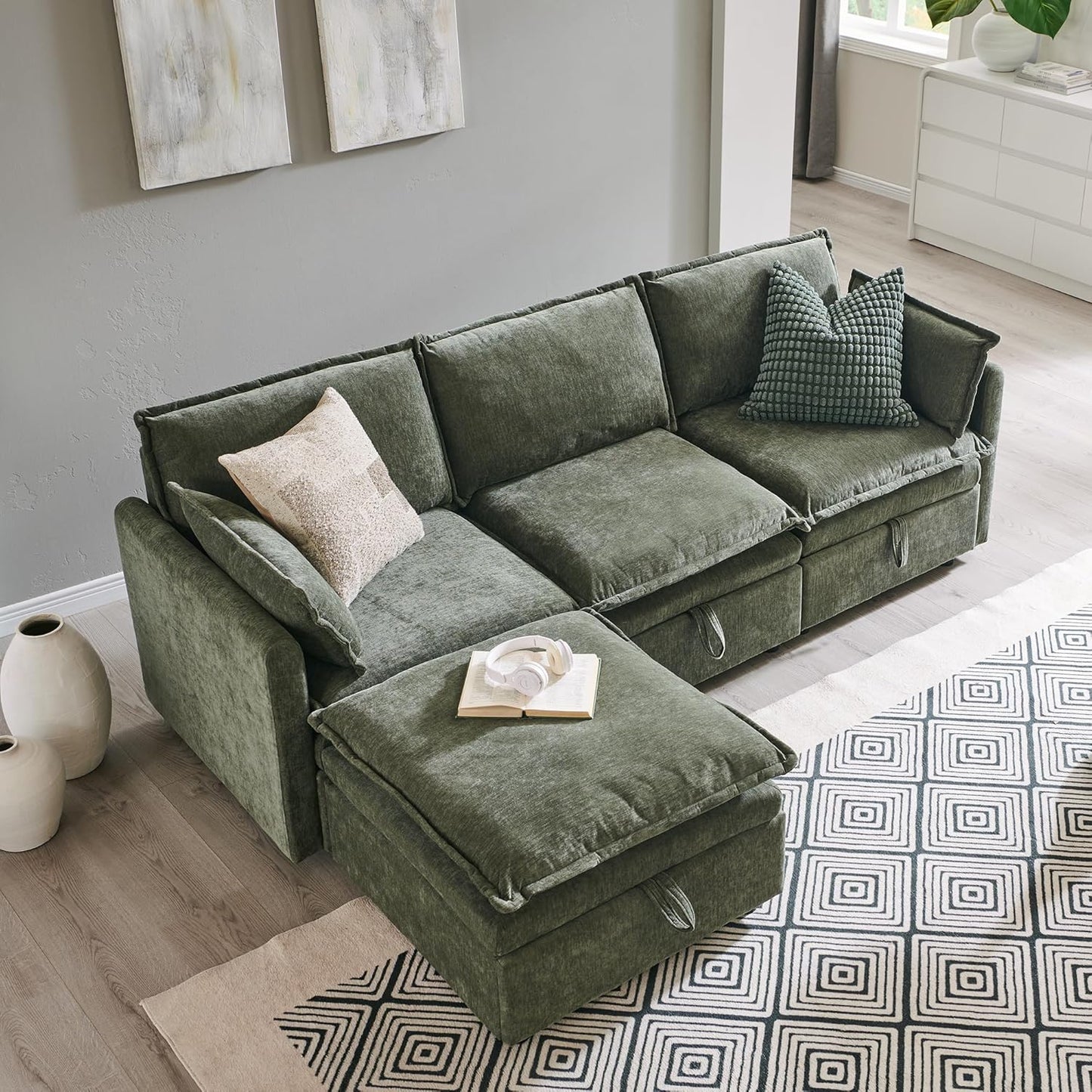 88.98" Sectional Couches for Living Room, Cloud Couch Sectional with Large Storage, L-Shape Modular Sectional Sofa with Ottoman, 4 Seater Chenille Sofa with Pillow for Apartment, Bedroom, Green