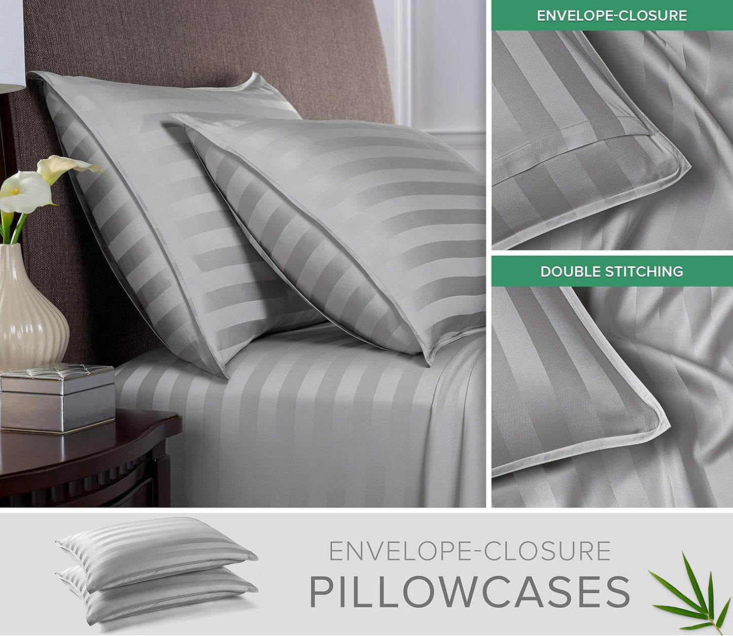 King Pillowcases by Pure Bamboo, Genuine 100% Organic Viscose Derived from Bamboo, Luxuriously Soft & Cooling, Double Stitching, Envelope Closure (2 King Pillowcases, Jacquard Silver)