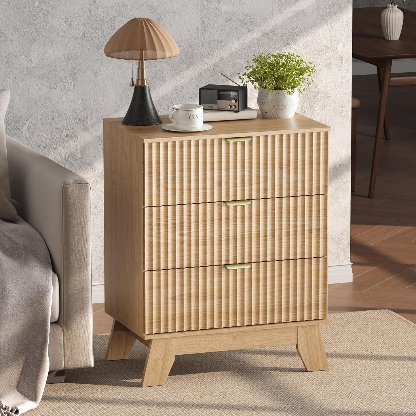 Natural Oak Night Stand with 3 Drawers, Bedside Table & End Table, 24" Wide Mid Century Modern Fluted Wood Nightstand with Metal Handles, Farmhouse Night Stands for Bedroom