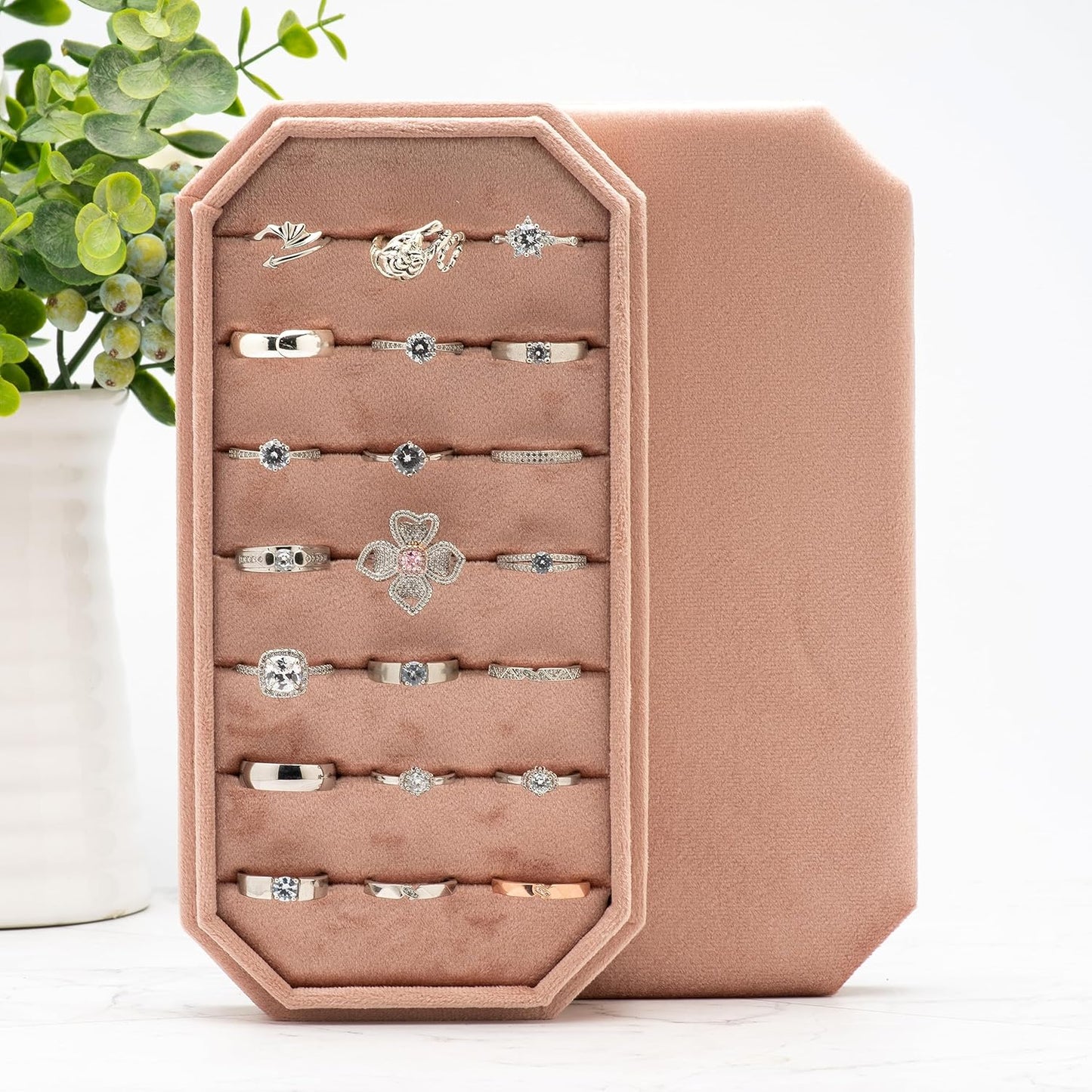 Velvet Ring Organizer Display Tray Jewelry Box Earring Holder Case for Wedding Birthday Christmas Day (Blush Peach)
