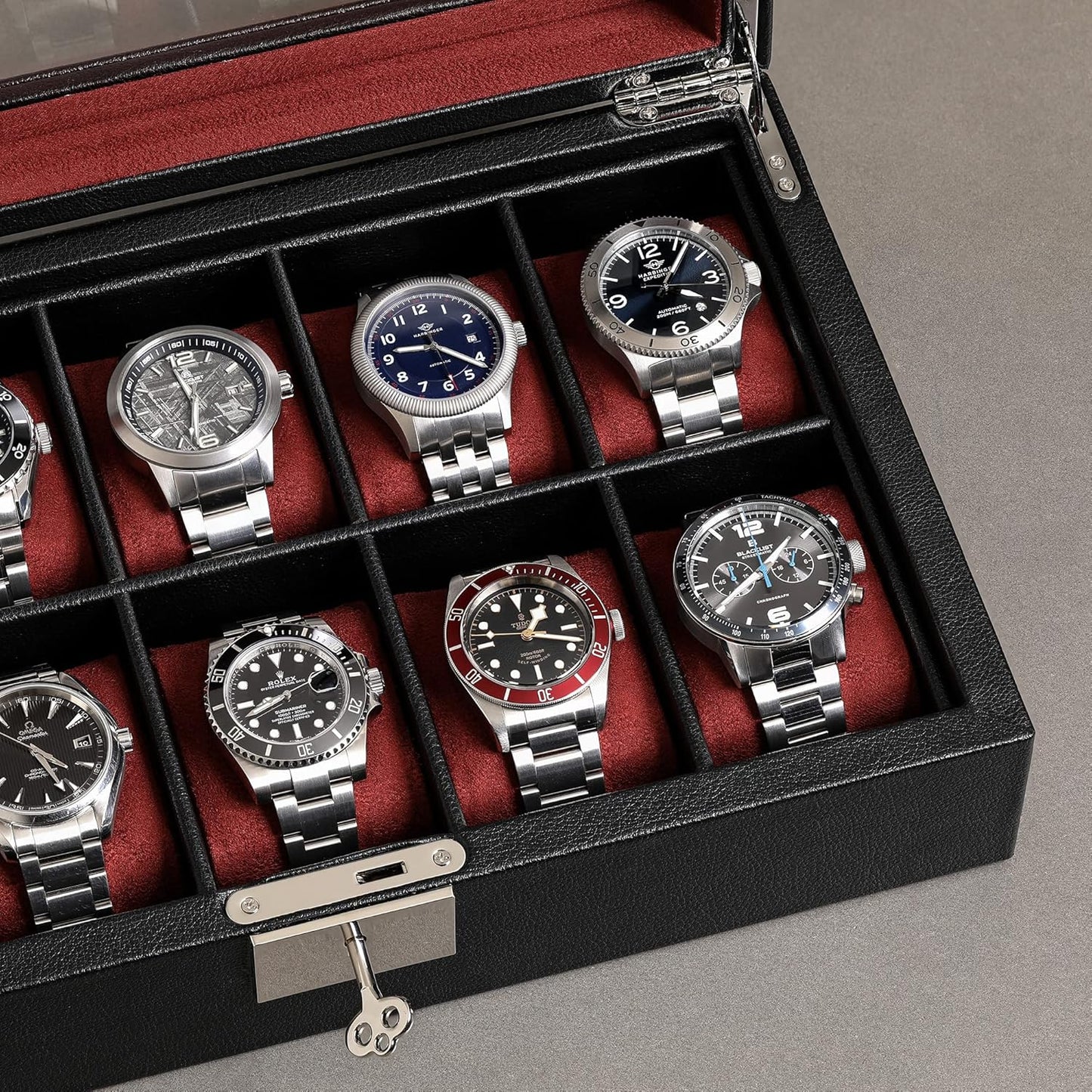 ROTHWELL 10 Slot Leather Watch Box - Luxury Case Display Jewelry Organizer - Locking Watch Display Case Holder with Large Glass Top - Box Organizer for Men and Women (Black/Red)