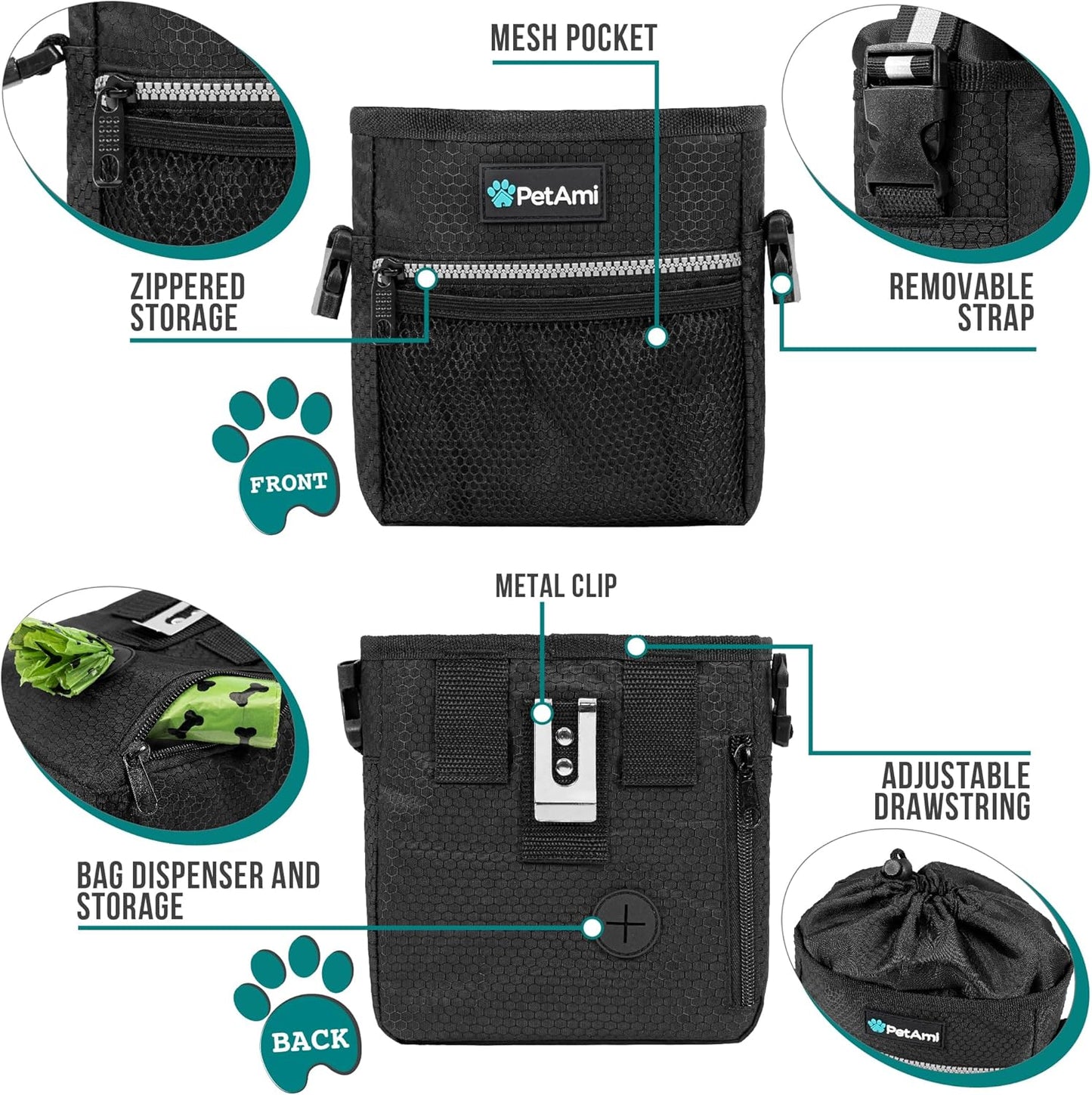 PetAmi Dog Treat Pouch, Pet Treat Pouch for Training, Dog Walking Bag Holder for Kibbles, Pet Food Toy, Dog Trainer Essentials Supplies, Poop Bag Dispenser, 3 Ways to Wear (Black)