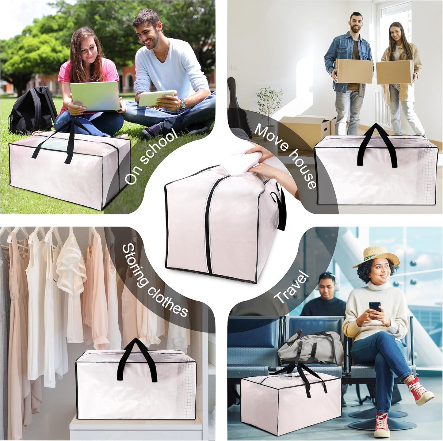 6 Pack Heavy Duty Extra Large Moving Bags W/Backpack Straps - Strong Handles & Zippers, Storage Totes For Space Saving, Fold Flat, Alternative to Box and Bin (40 gal, Semi-Transparent)