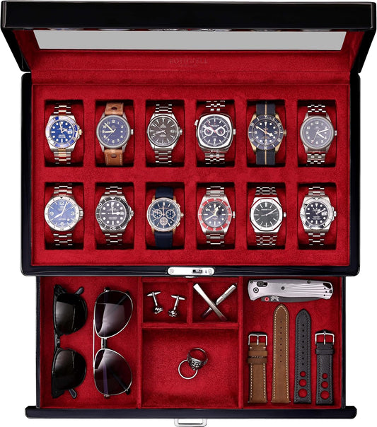 ROTHWELL 12-Slot Piano Black Watch Box with Valet Drawer - Premium Jewelry Display Case Organizer with Locking Glass Top and Microsuede Liner for Men & Women (Red Interior)