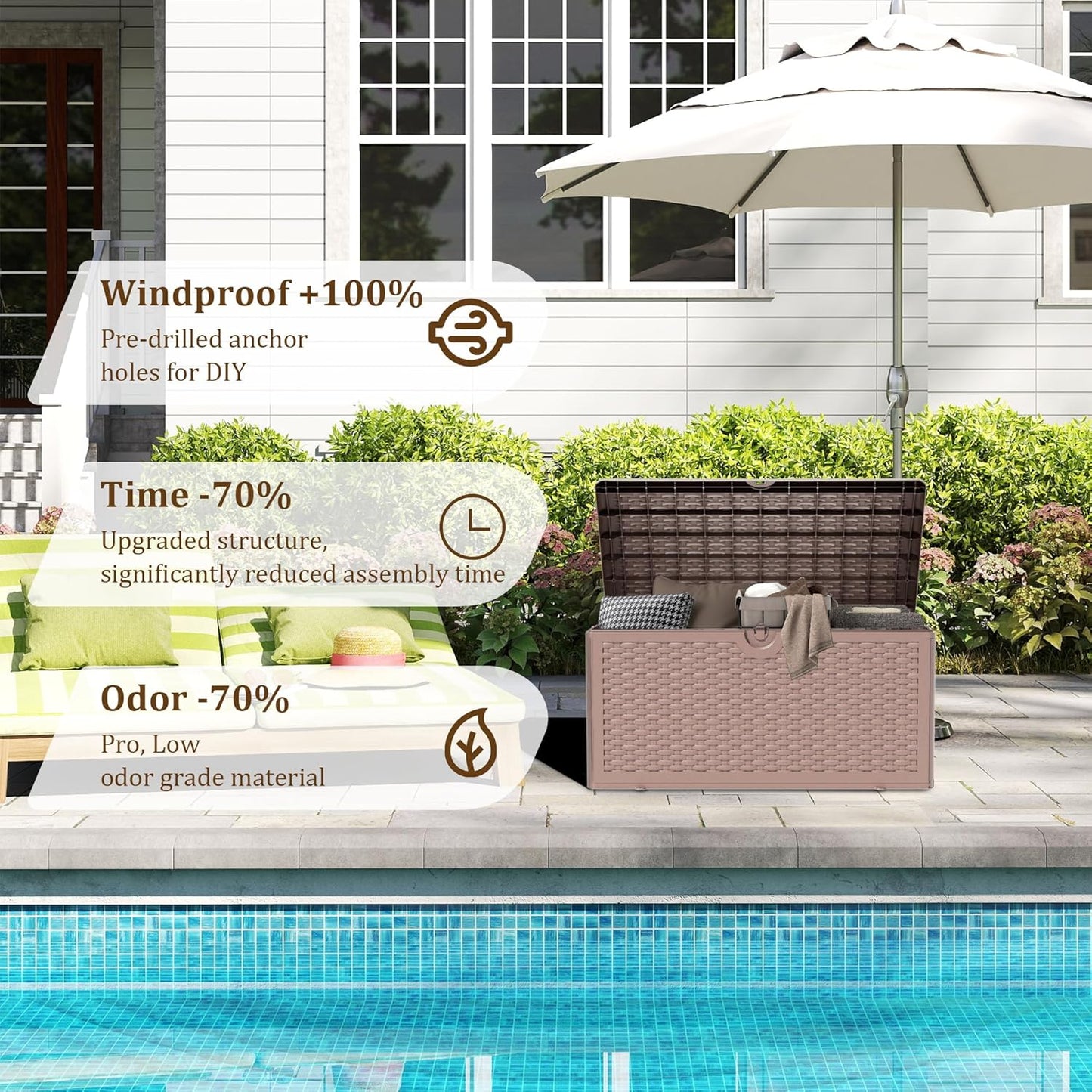 90 Gallon Pro Outdoor Storage Box Waterproof Lockable Resin Deck Box Large, Patio Storage Bin for Pool Accessories Cushion Furniture, Garden Tools, UV-Resistant Outside Delivery Brown