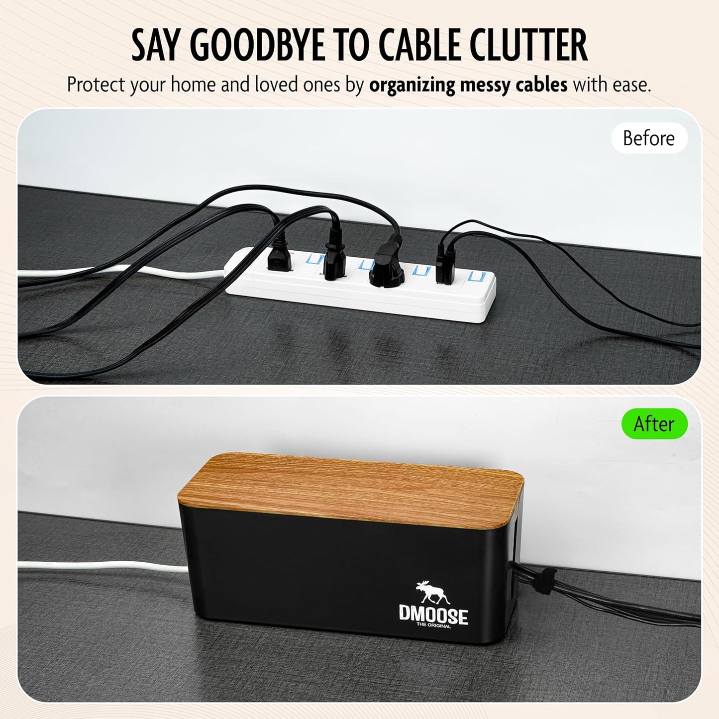 DMoose Cable Management Box - 2 Pack Medium & Large Cord Organizer for Desk & Floor, Cable Organizer Box for Child & Pet - Hider for Tidy Office & Home (Wood Print Lid, Black, Pack of 2)
