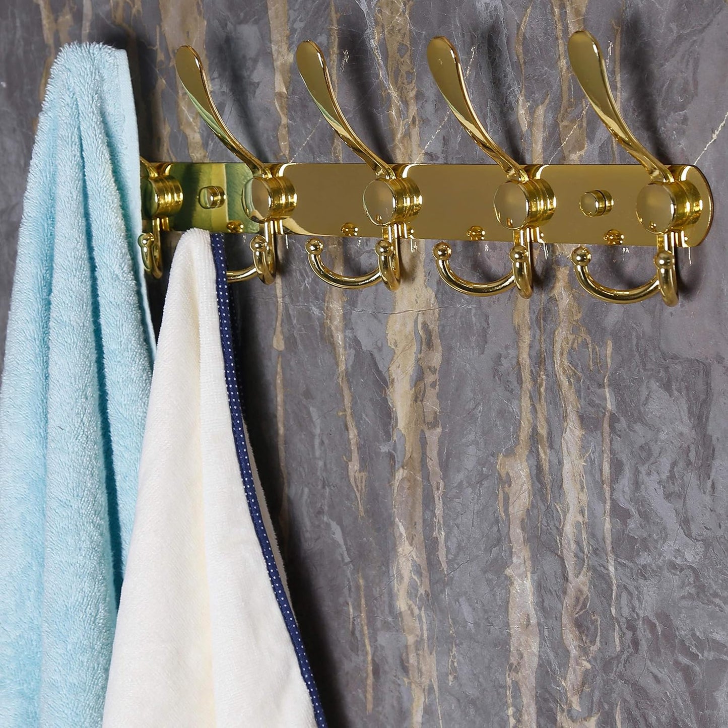 Dseap Coat Rack Wall Mounted - 5 Tri Hooks, Heavy Duty, Stainless Steel, Metal Coat Hook Rail for Coat Hat Towel Purse Robes Mudroom Bathroom Entryway (Gold, 2 Packs)