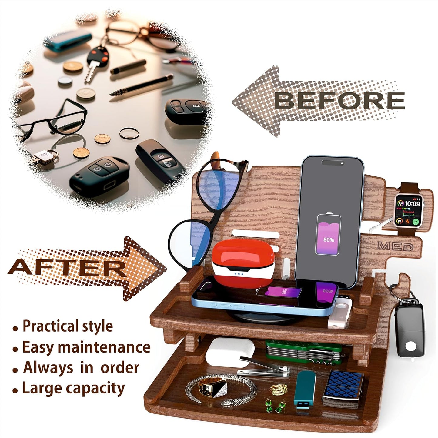 MED Wood Phone Docking Station – Nightstand Desk Organizer for Phone, Watch, Wallet & Tablet – Gift for Men, Husband, Dad & Women – Wooden Charging Stand, (Dark Walnut, Model 2)