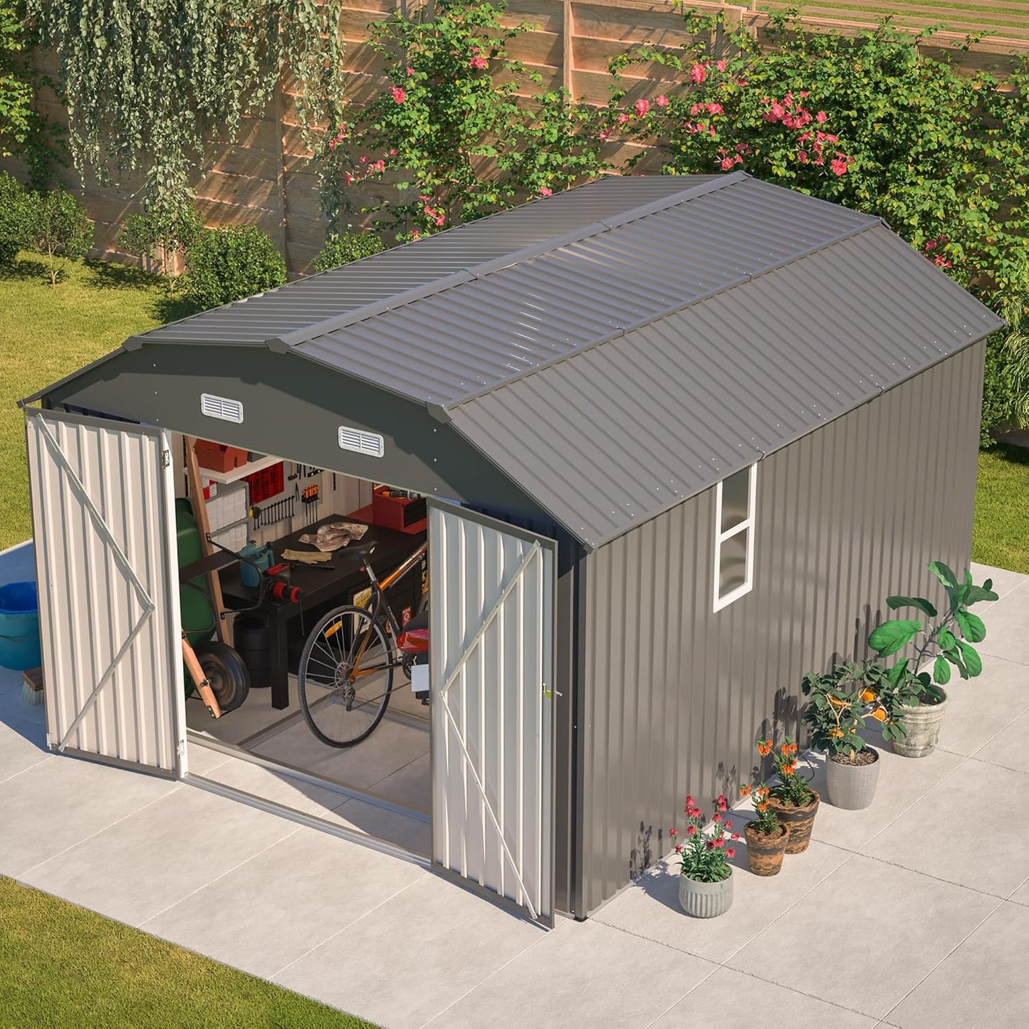 Large Outdoor Storage Shed, 10' X 12' Metal Galvanized Steel Garden Sheds with 4 Vents & 2 Windows, Utility Tool Shed for Backyard, Patio, Lawn,Gray