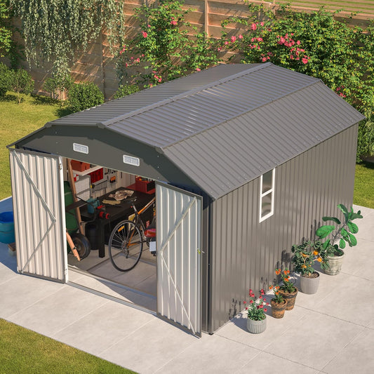 Large Outdoor Storage Shed, 10' X 12' Metal Galvanized Steel Garden Sheds with 4 Vents & 2 Windows, Utility Tool Shed for Backyard, Patio, Lawn,Gray