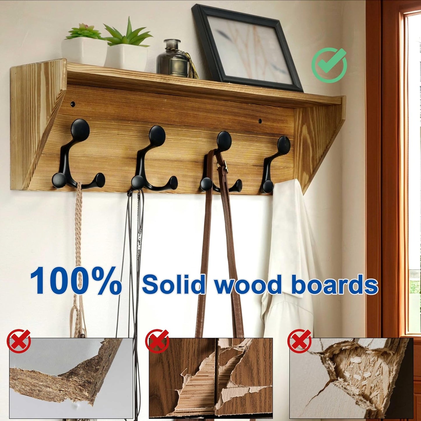 WEBI Wall Shelf with Hooks Underneath,24” Long Wall Mounted Coat Rack with Shelf,Entryway Coat Rack with 4 Triple Hooks for Hanging Coats,Jacket,Hallway,Bedroom,Mudroom,Brown