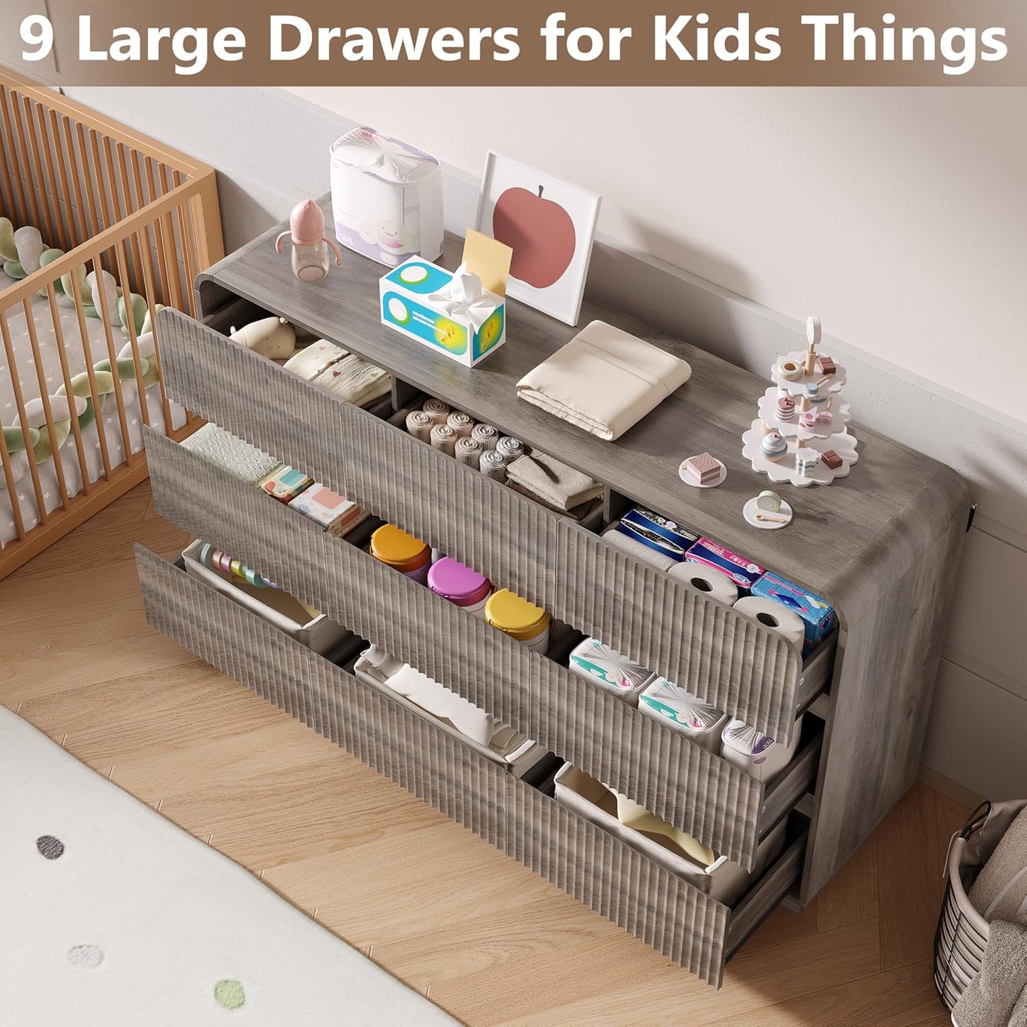 Dresser for Bedroom with 9 Drawers, Fluted Chest of Drawers with Round Curved Corner, Hidden Handles, Modern Wood Storage Organizer for Bedroom, Nursery, Living Room