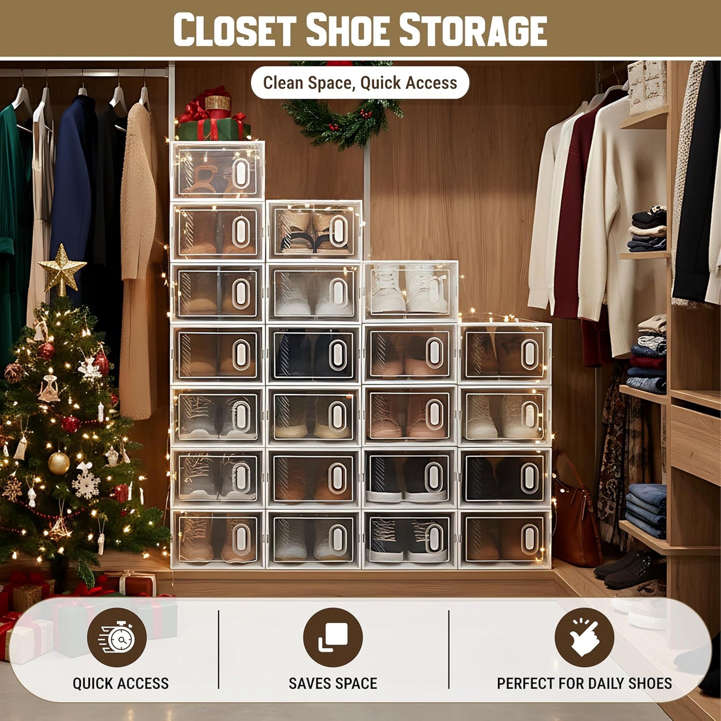 Shoe Storage Boxes 18 Pack Clear Plastic Stackable – White Shoe Organizer Box w/ Door for Closet, Entryway & Bedroom – Foldable Plastic Shoe Cabinet Storage for Men’s & Women’s Shoes (US Size 5–10)