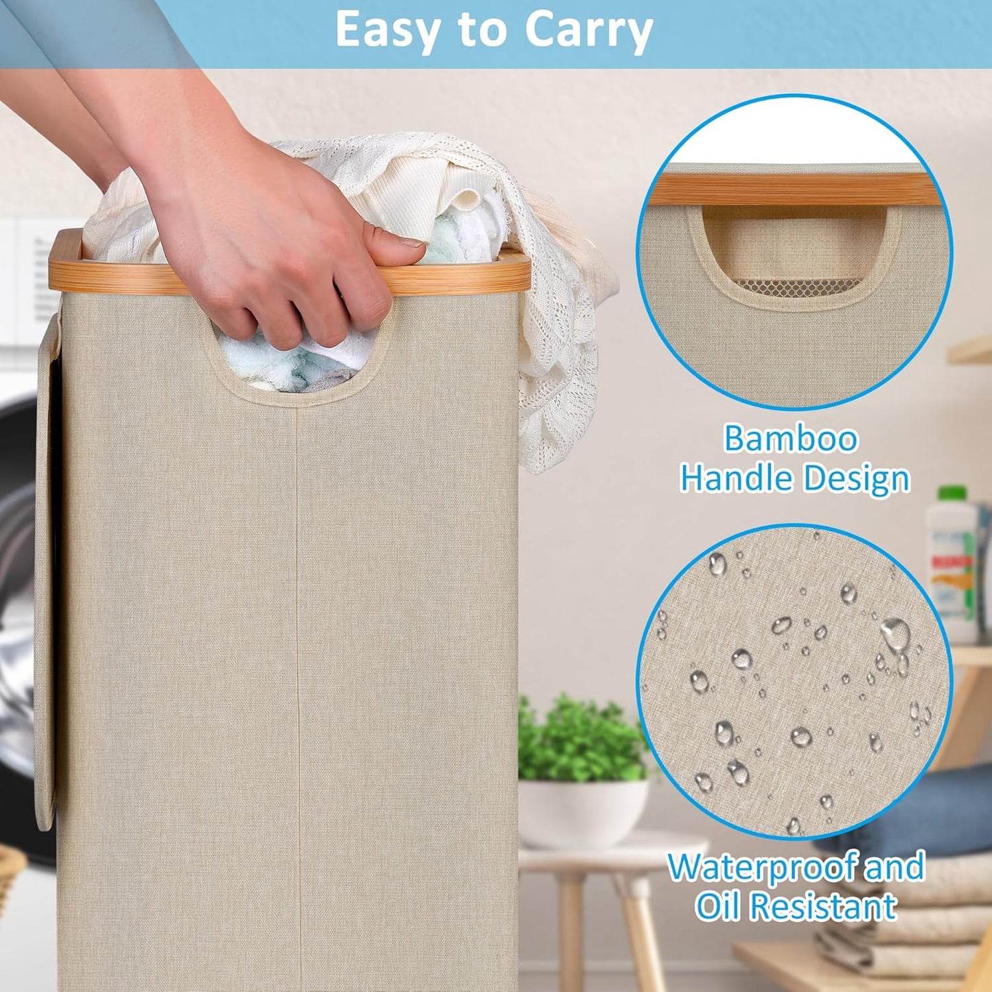 efluky Laundry Basket with Wheels, Tall Rolling Laundry Hamper with Lid and Removable Bag, Aesthetic Dirty Clothes Hamper on Wheels for Laundry Room, Bedroom, Dorm and Bathroom, 75L Oatmeal