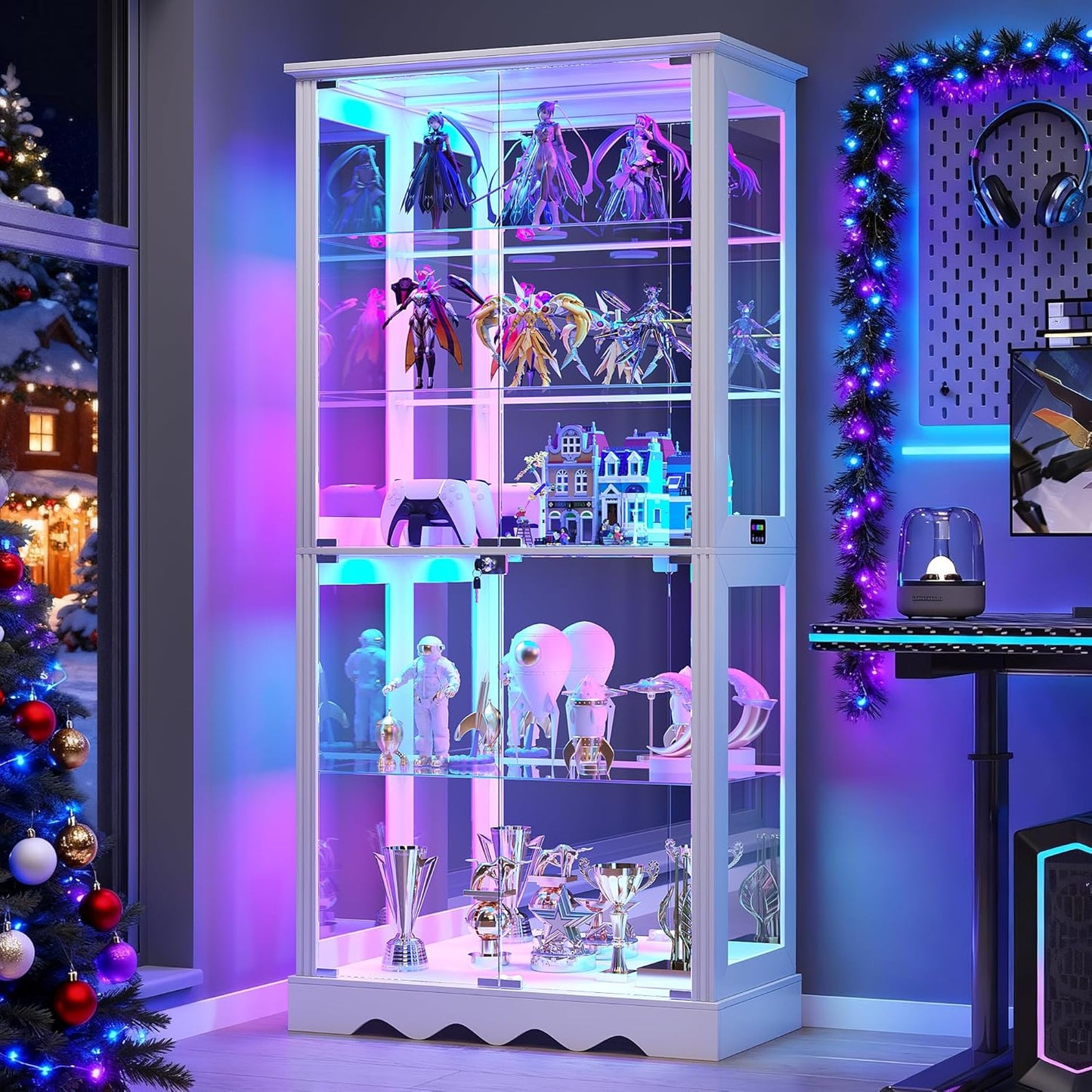 Glass Display Cabinet with RGB Light, 5-Tier Curio Cabinet for Collectibles, Display Case with Removable Shelves, Human Sensor Design, White