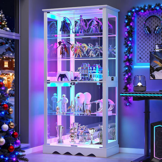 Glass Display Cabinet with RGB Light, 5-Tier Curio Cabinet for Collectibles, Display Case with Removable Shelves, Human Sensor Design, White