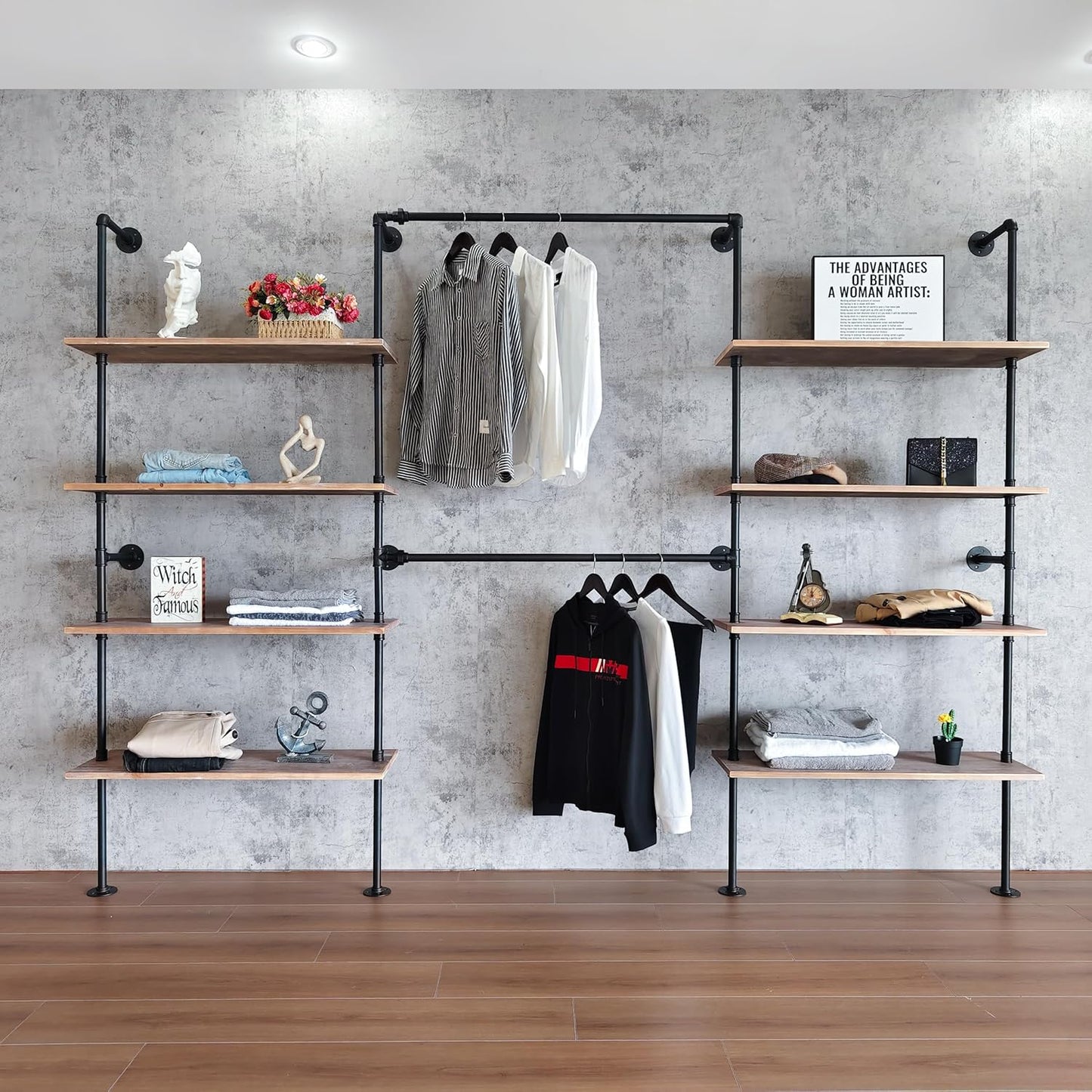 Industrial Pipe Clothing Rack, Wall Mounted Garment Hanging Rack with Shelves, 14.6x112.6x82.7 Inches, Model Y03
