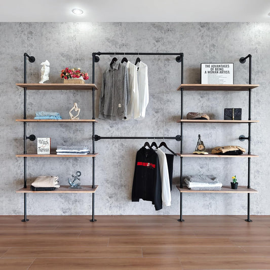 Industrial Pipe Clothing Rack, Wall Mounted Garment Hanging Rack with Shelves, 14.6x112.6x82.7 Inches, Model Y03