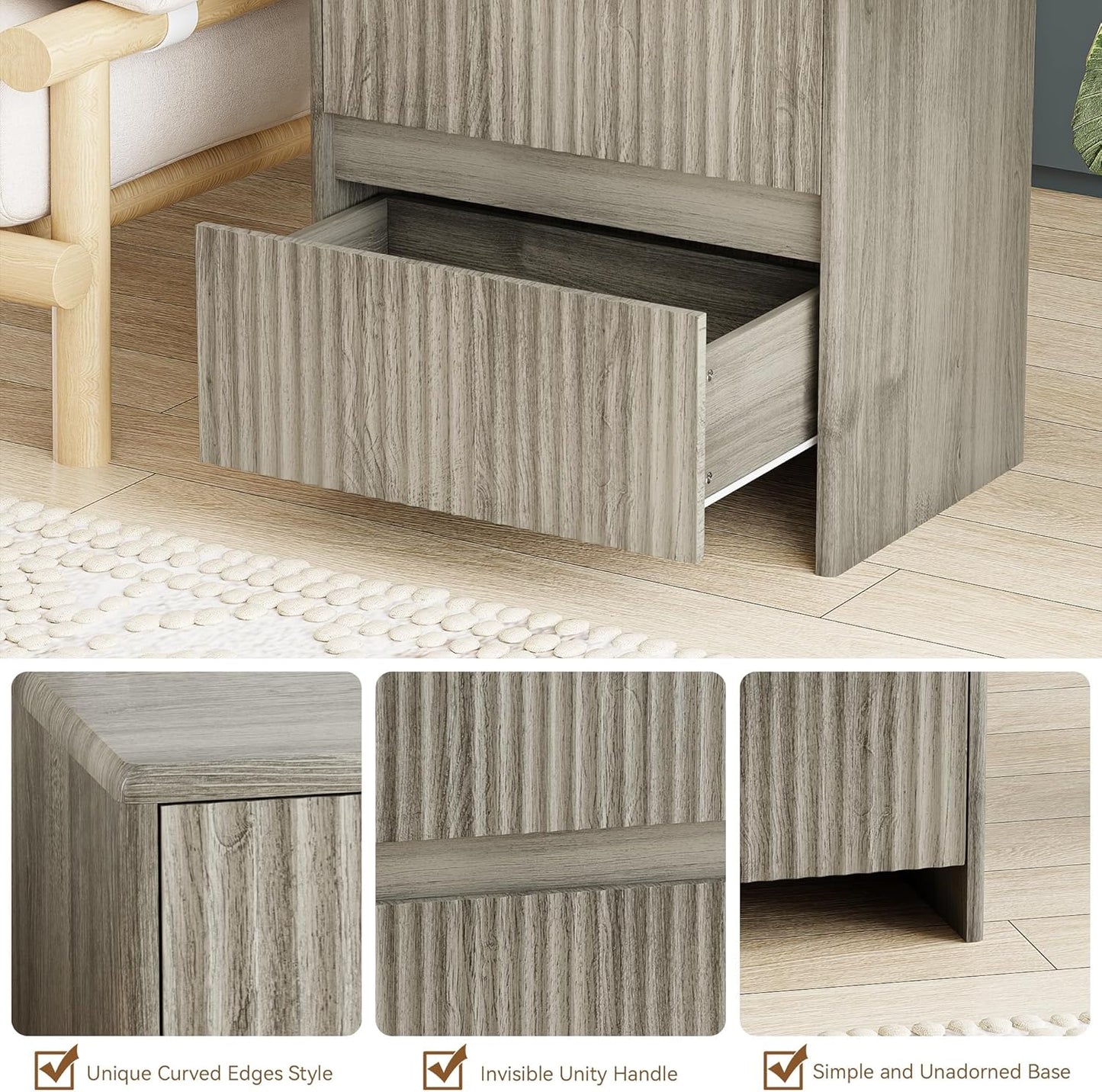 Fleuted Nightstand Set of 2, 23" Wood Bedside Table with 2 Storage Drawers, Modern Night Stand for Bedroom, Office, Grey