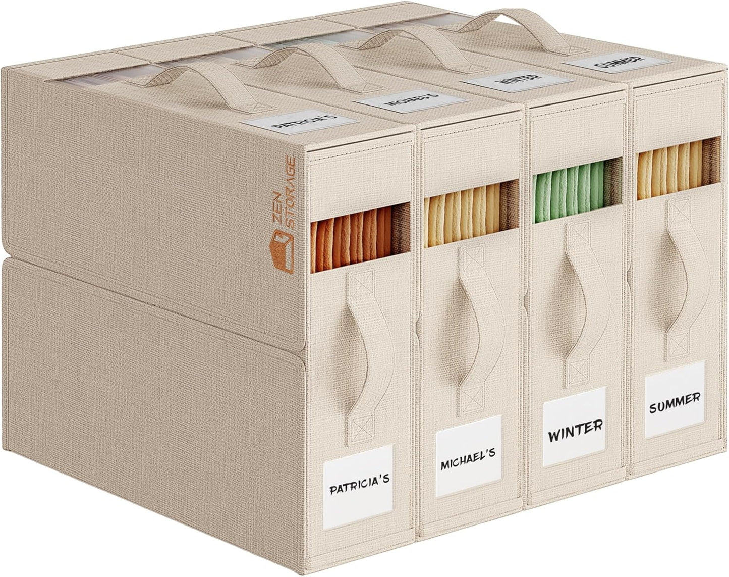 4 Pack Sheet Storage Organizer (King & Queen Size) with handle, Foldable Sheet Set Organizer for Linen Closet, Sheet Organizer for Blanket, Coverlet and Towel, Beige