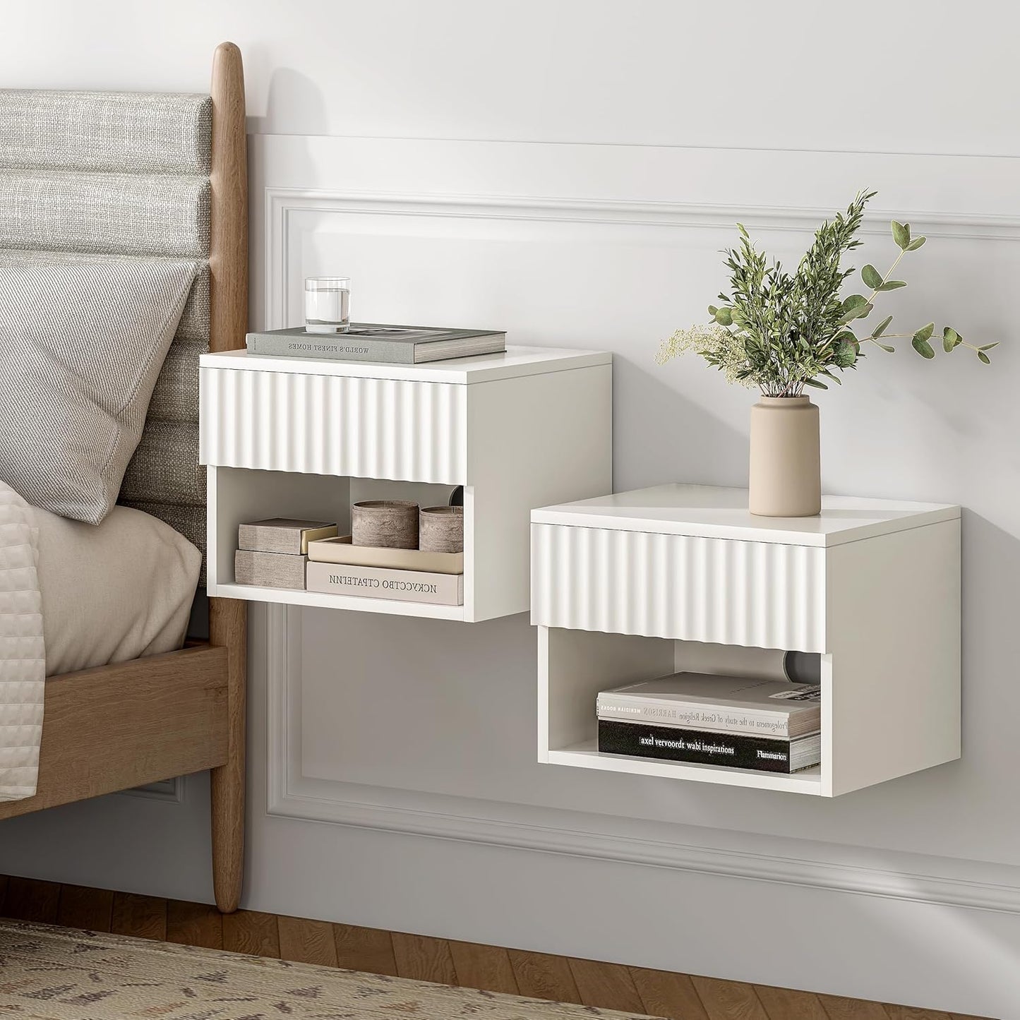 Floating Nightstands Set of 3 with Drawer and Open Shelf, Small Wall Mounted Bedside End Table, Modern Fluted Night Stand for Bedroom, Living Room, White