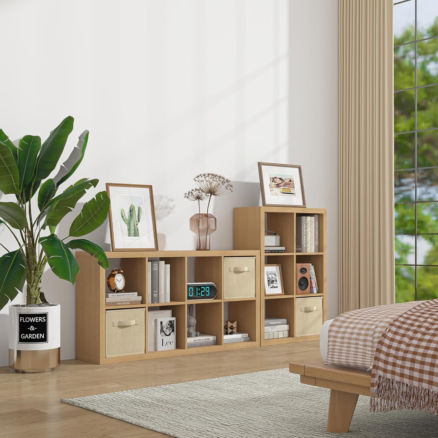 furtble Bookshelf with Storage Bins, 8-Cube Storage Organizer, Modern Wood Open Bookcase, Multifunctional Display Shelf for Living Room, Bedroom, Home Office, Oak