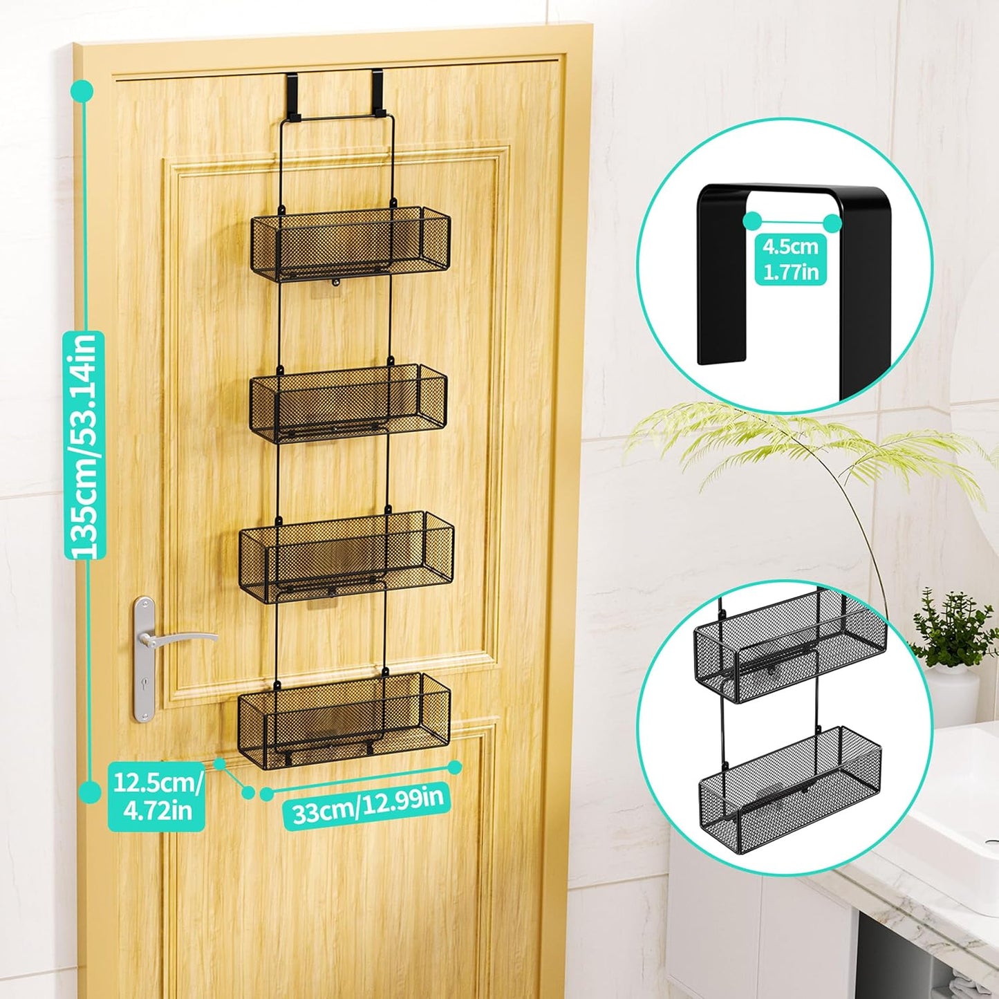 HapiRm Over Door Organizer Storage - Separable Door Organizer Hanging with 4 Metal Large Capacity Baskets for Bathroom Bedroom Kitchen Pantry Closet (Black)