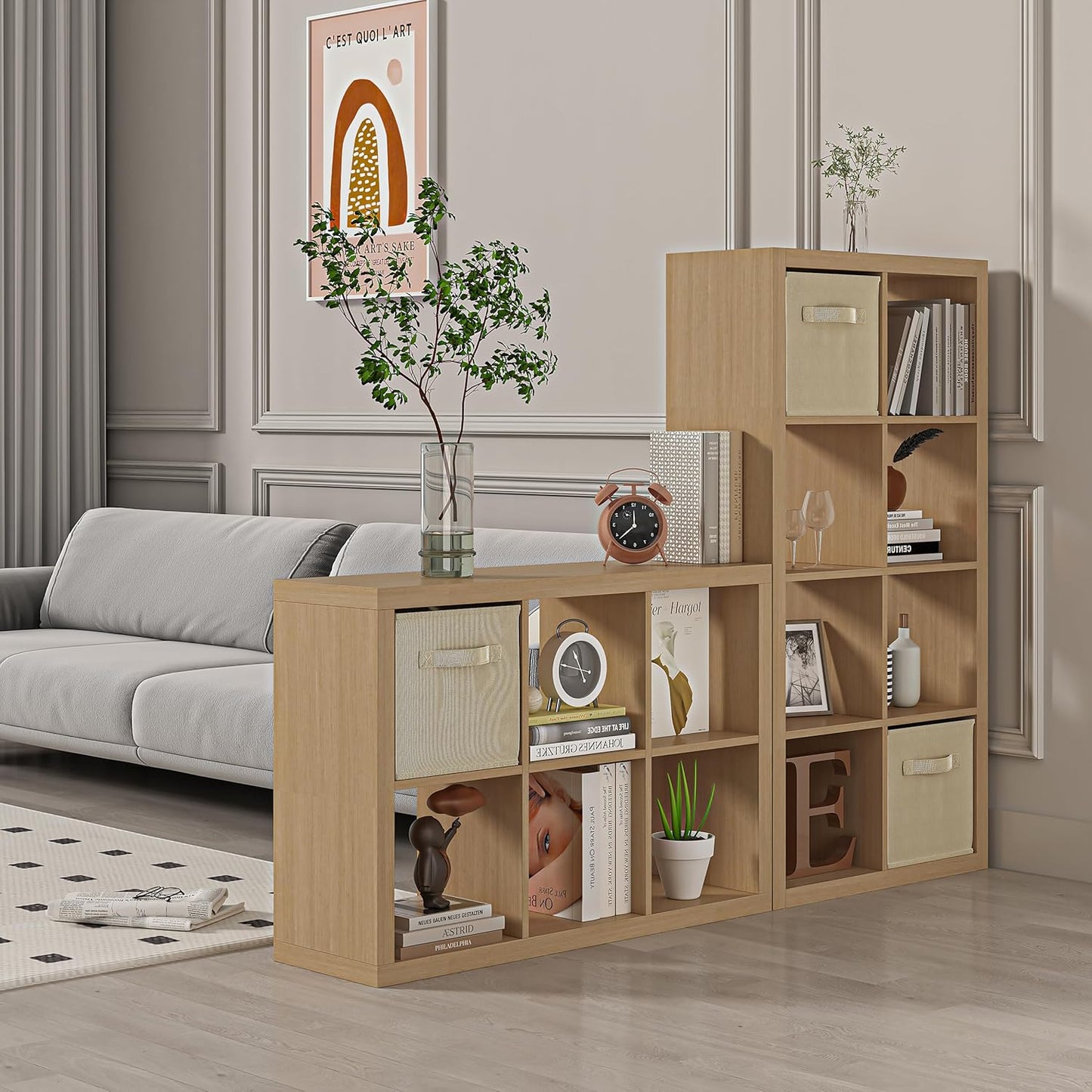 Bookshelf with Storage Bins, 9-Cube Storage Organizer Sturdy Wooden Bookcase Open Book Shelf, Multifunctional Cubicle Rack for Storage & Display, Furniture for Living Room Bedroom Office, Oak