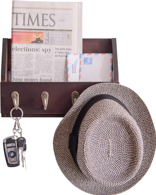 Flintar Wall Mount Key and Mail Holder with 4 Hooks. Made in Taiwan, Solid Wood. Use as Key Rack, Entryway or Mudroom Organizer, Mail & Bill Sorter, Magazine Holder (Walnut)
