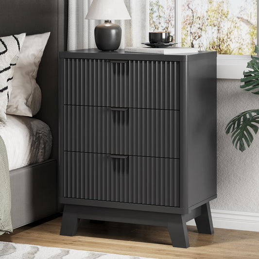 Fluted Nightstand with 3 Storage Drawers, 24" Wide Wood Bedside Table with Mental Handle, Mid Century Modern Wooden Side Table Night Stand, Curved End Table for Bedroom, Living Room, Black