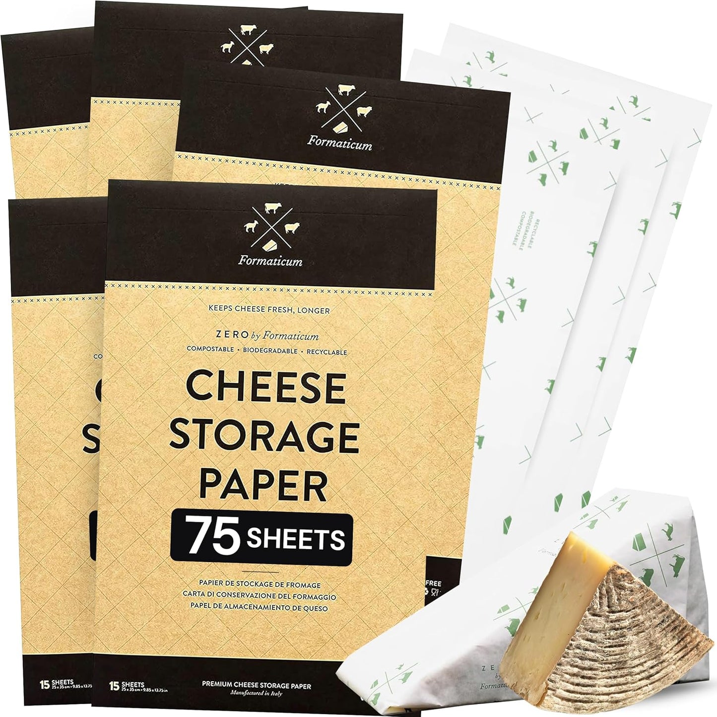Formaticum 75-Pack Zero Cheese Storage Paper, Compostable, Biodegradable, and Plastic-Free Paper to Keep Cheese and Charcuterie Fresh, Kitchen Organization 9 x 13 Inches
