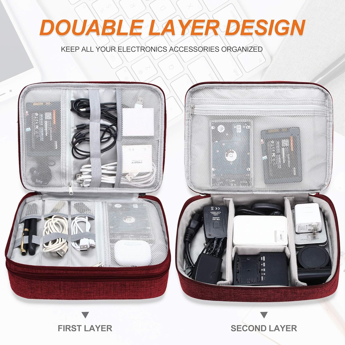 SELLYFELLY Electronic Bag Travel Cable Accessories Bag Waterproof Double Layer Electronics Organizer Portable Storage Case for Cable, Cord, Charger, Phone, Adapter, Power Bank, Kindle, Hard Drives