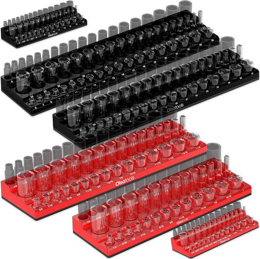 Olsa Tools Magnetic Socket Organizer | 6pc Socket Holder Kit | 1/2-Inch, 3/8-Inch, & 1/4-Inch Drive | Socket Organizers For Toolboxes | Red | Holds 273 | Professional-Grade Tool Organizer | Part 1667
