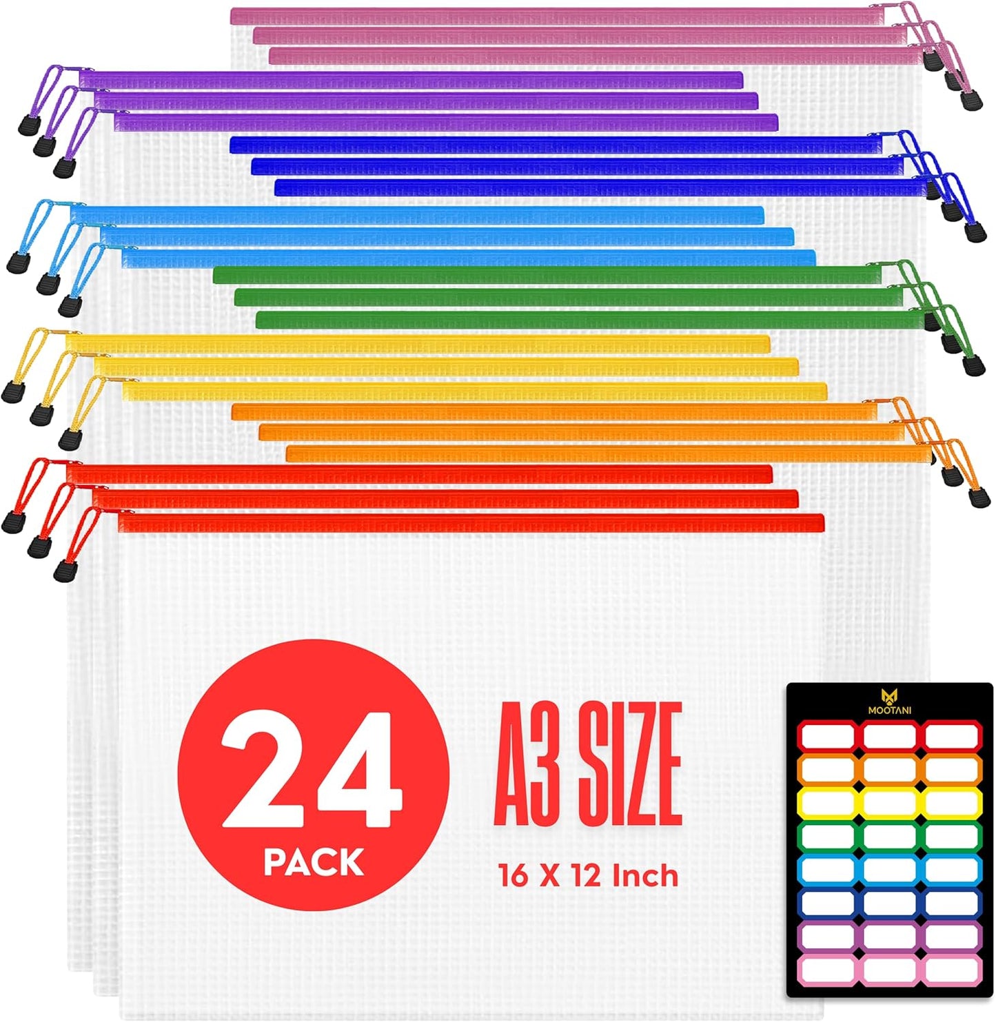 24 Pcs Mesh Zipper Pouch Bags A3 (16x12) Inches Large Waterproof, Reusable Zipper Bags for Board Game & Puzzle Storage, Classroom, Office & Organization, 8 Colors