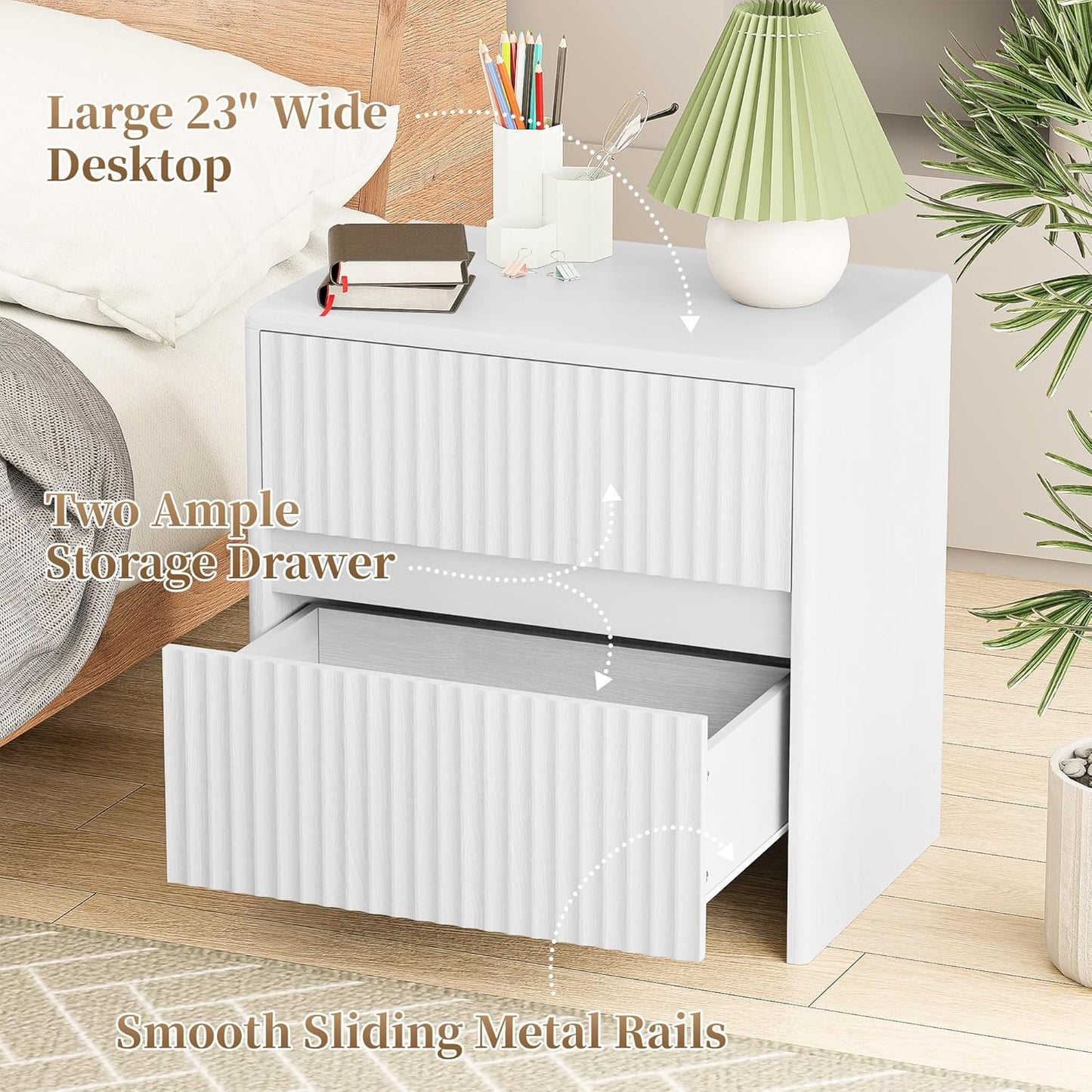 White Nightstand Set of 2, 23" Wood Bedside Table with 2 Storage Drawers, Modern Night Stand for Bedroom, Office