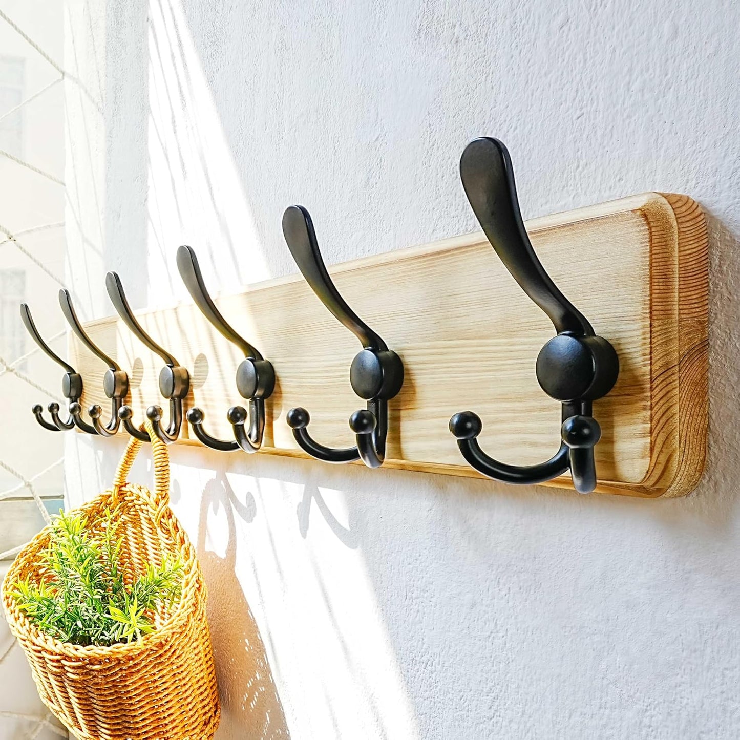 Dseap Coat Rack Wall Mounted - 24" Long 6 Tri Hooks, Heavy Duty Wooden Wall Coat Hanger Coat Hook for Clothes Hat Jacket Clothing, Weathered Light Natural and Black, Pack of 2
