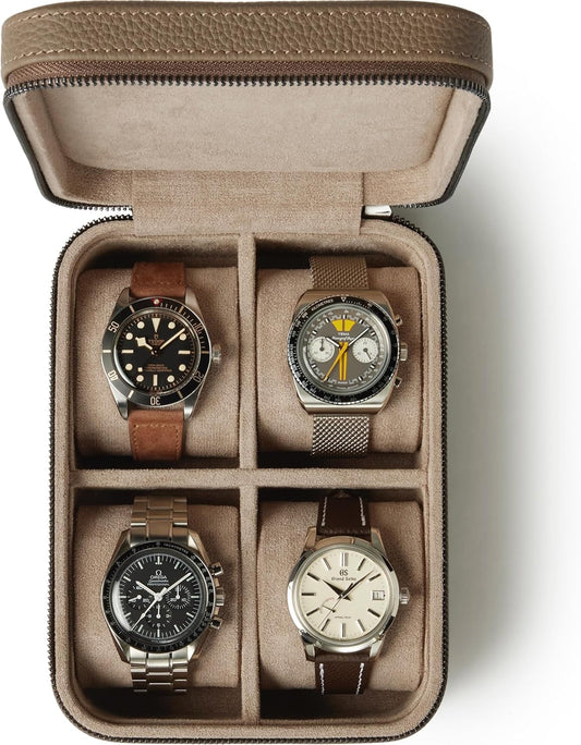 TAWBURY Watch Case - 4 Slot Genuine Top-Grain Leather Watch Box for Men & Women with Extra Wide Pillows for Large Watches - Portable Wristwatch Storage for Home & Travel (Taupe)