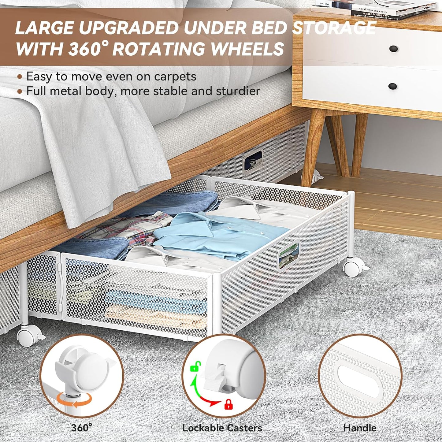 Under Bed Storage, Under the Bed Storage Containers with Wheels, Under Bed Shoe Storage Organizer Drawer, Tool-free Assembly Metal Underbed Storage Containers for Bedroom Clothes Shoes Blankets -4PCK