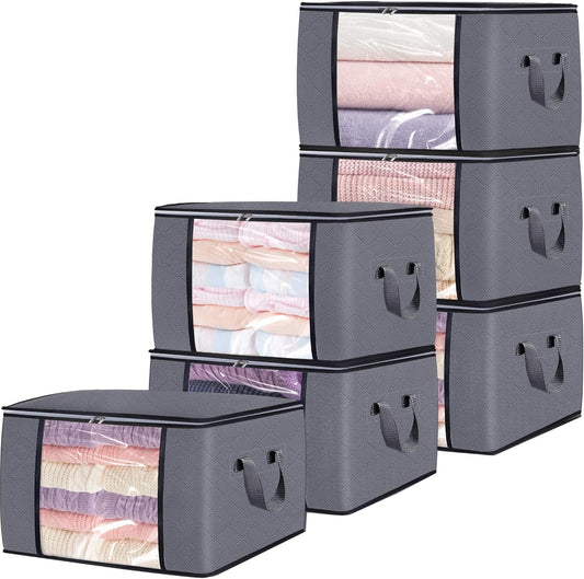 90L Large Blanket Storage Bags, 6 Pack Clothes Storage Bag Comforter Storage Bin with Reinforced Handle and Lid Foldable Closet Organizer and Storage Containers for Bedding Sheets and Duvet