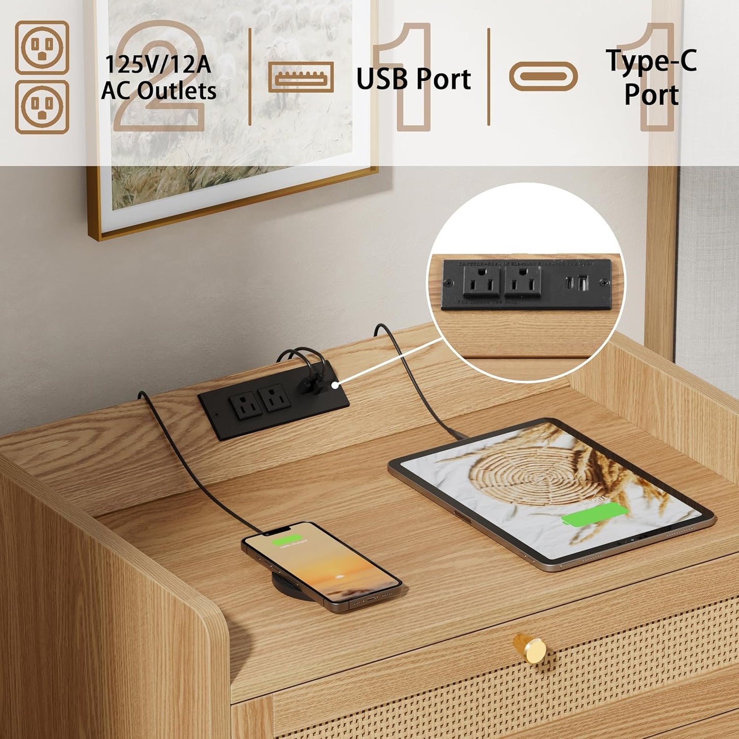 Rattan Night Stand with Charging Station, End Tables with 3 Drawer Dresser, Boho Bedside Table, Mid Century Modern Nightstand, RuralCabinet for Farmhouse Bedroom Living Room Sofa Couch Office Corner