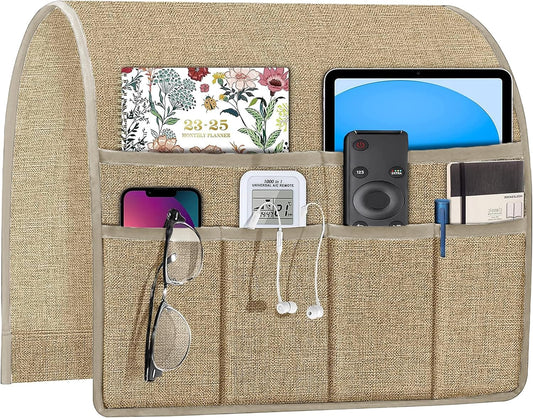 Joywell Arm Chair Caddy Remote Control Holder Organizer for Recliners Couch Armrest Organizer Non Slip with 6 Pocket Storage for Magazine, Tablet, Phone, iPad, Khaki