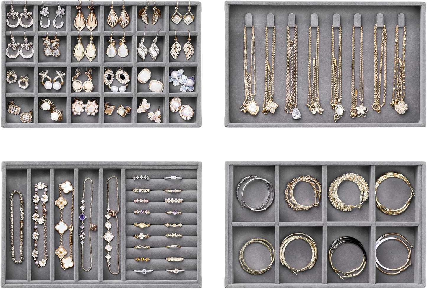Velvet Jewelry Drawer Organizer Trays – Grey Stackable Jewelry Storage Inserts Set, 4-Layer Jewelry Tray Set for Earrings, Rings, Necklaces, Bracelets with Removable Dividers for Dresser & Vanity