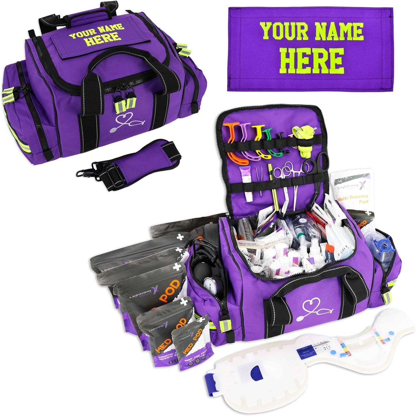 Lightning X Custom Embroidered Trauma Kit & Large EMT Bag w/ 250+ First Aid Supplies & Customized Name Patch | Purple